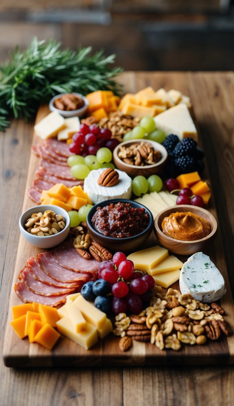 A wooden charcuterie board filled with an assortment of meats, cheeses, fruits, nuts, and spreads arranged in an aesthetically pleasing and appetizing display