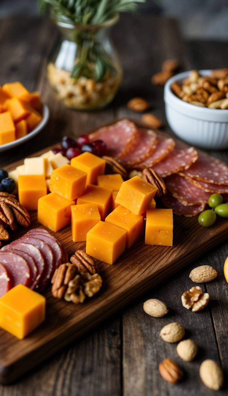 A wooden charcuterie board with cheddar cheese cubes, surrounded by various meats, fruits, and nuts, set on a rustic table