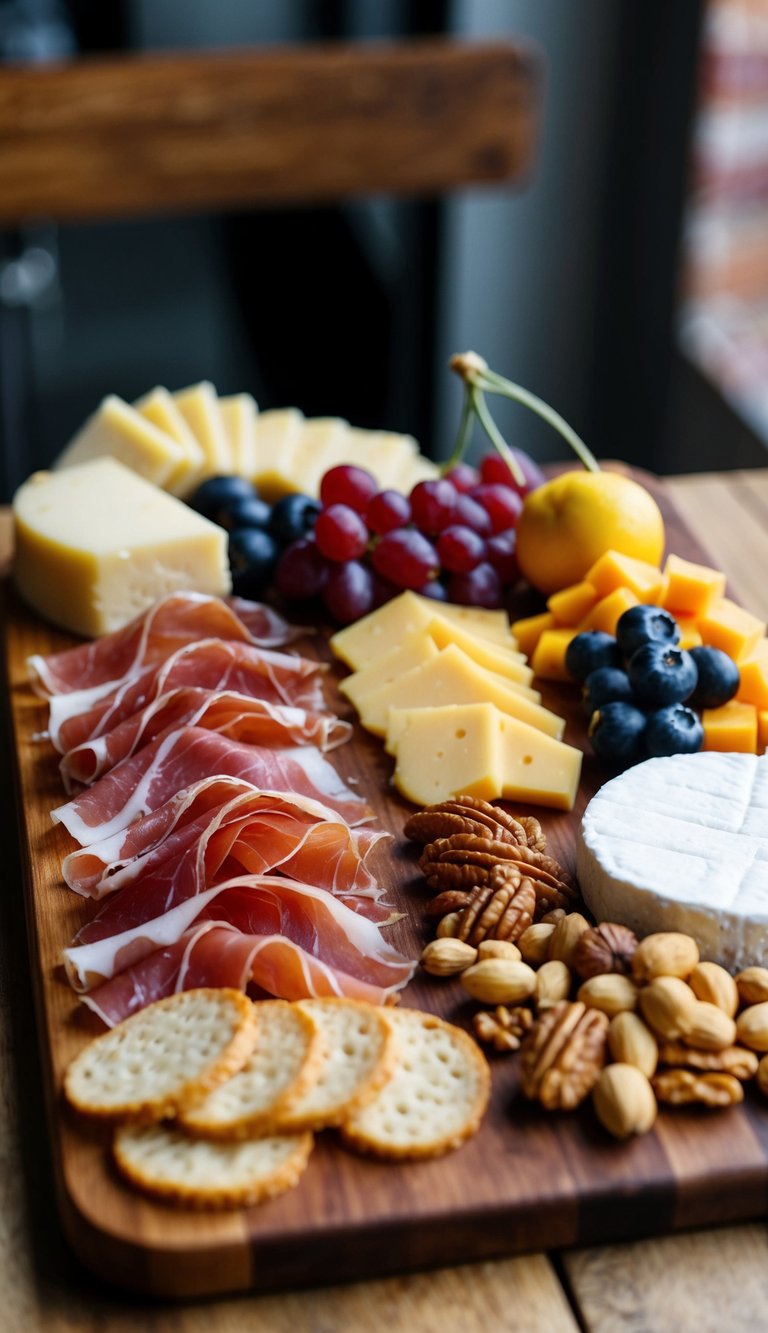 A wooden charcuterie board with a variety of prosciutto slices, accompanied by assorted cheeses, fruits, and nuts