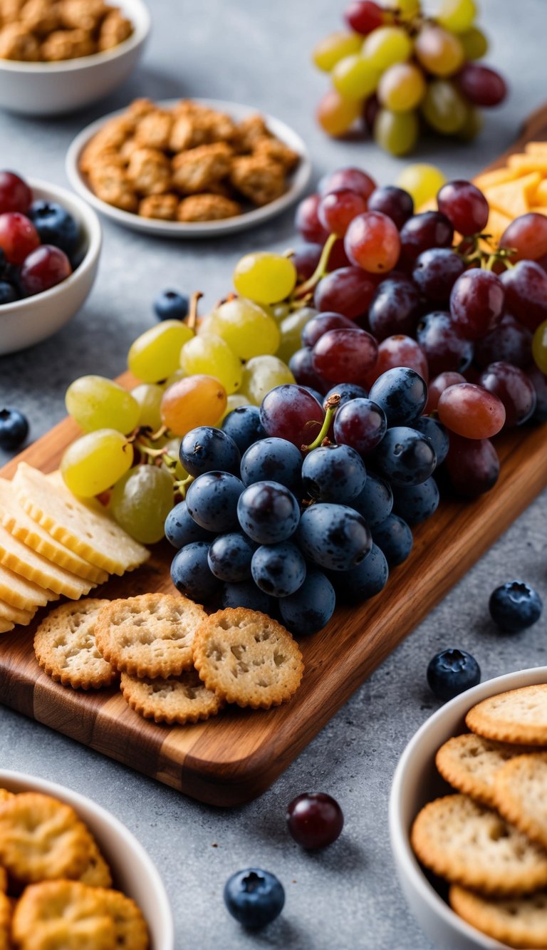 A wooden charcuterie board filled with an assortment of grapes and berries, surrounded by other complementary snacks and appetizers