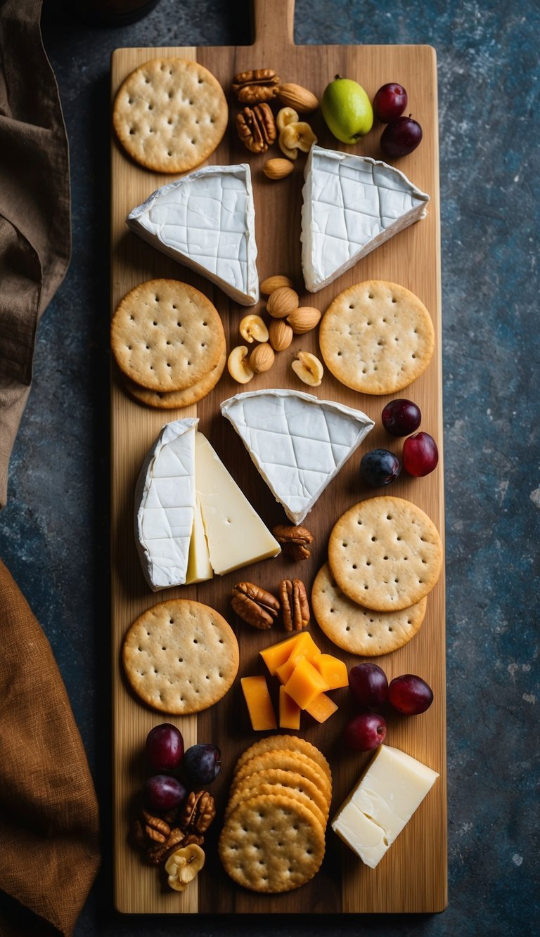 A wooden charcuterie board with arranged brie wedges, crackers, and assorted fruits and nuts, set against a rustic backdrop