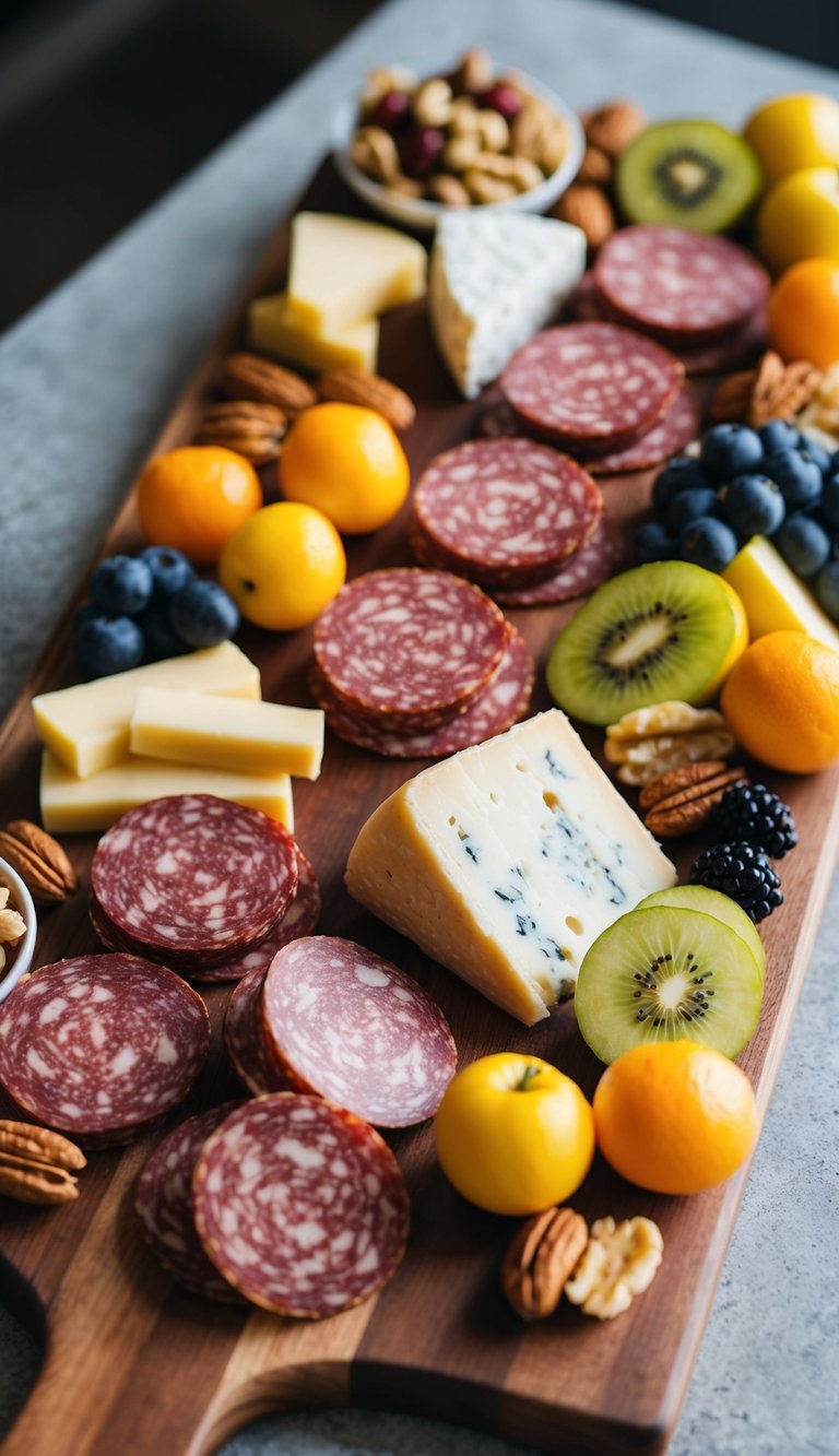 A wooden charcuterie board with an assortment of sliced salami, accompanied by various cheeses, fruits, and nuts, arranged in an aesthetically pleasing manner