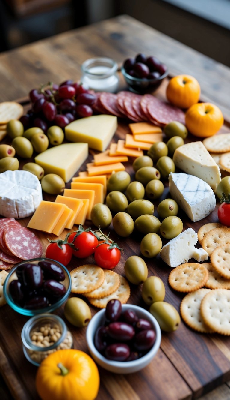 A rustic wooden charcuterie board with an assortment of olives, cheeses, meats, crackers, and fruits arranged in an artful display