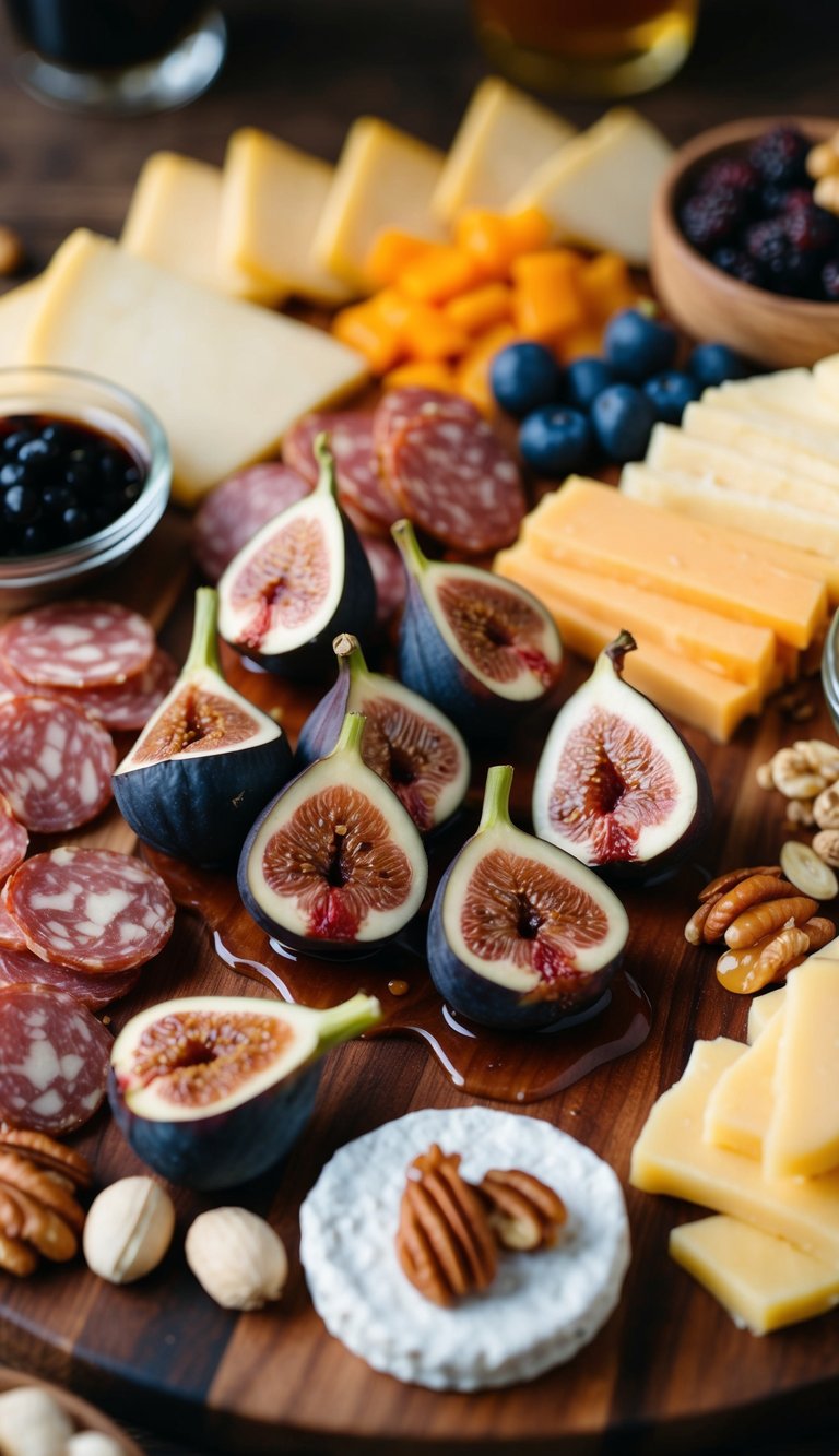 A wooden charcuterie board adorned with honey-drizzled figs, surrounded by an assortment of cheeses, meats, nuts, and fruits