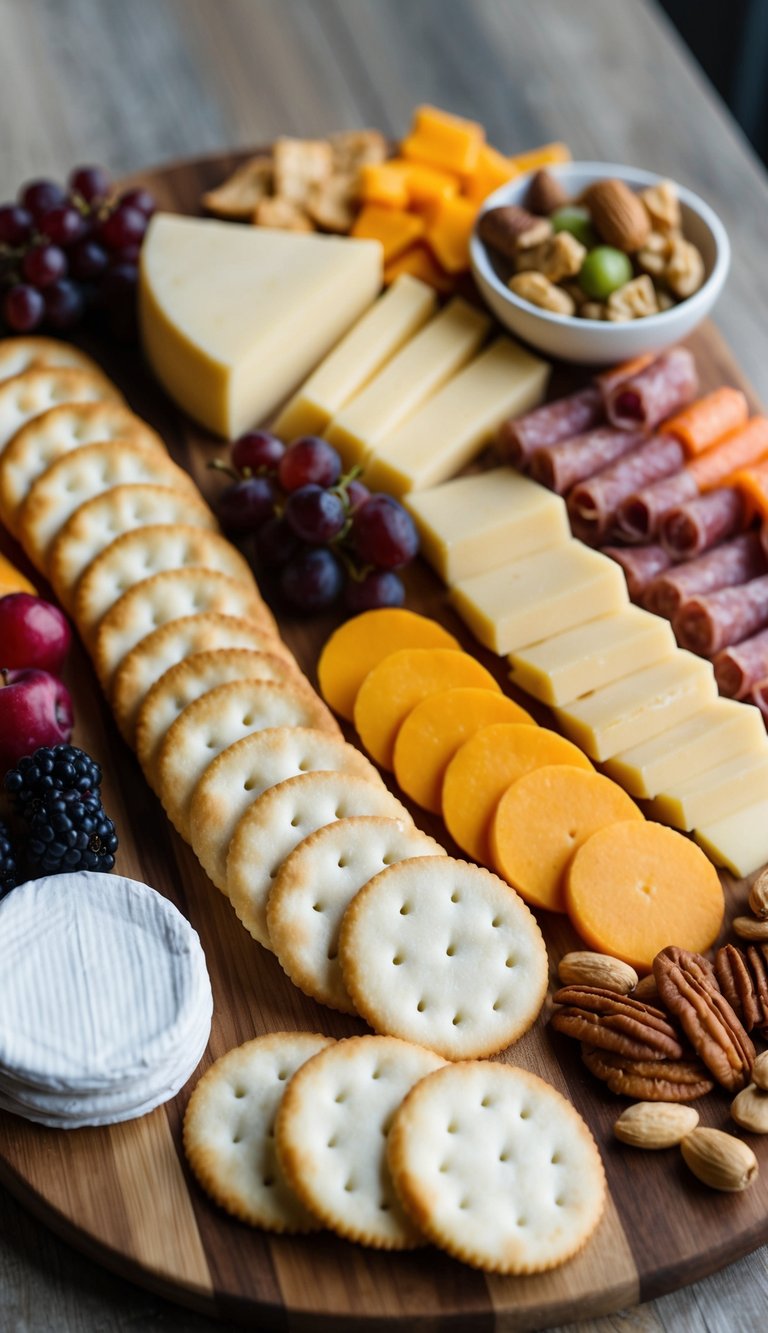 A wooden charcuterie board filled with a variety of crackers, neatly arranged alongside different types of cheese, meats, fruits, and nuts
