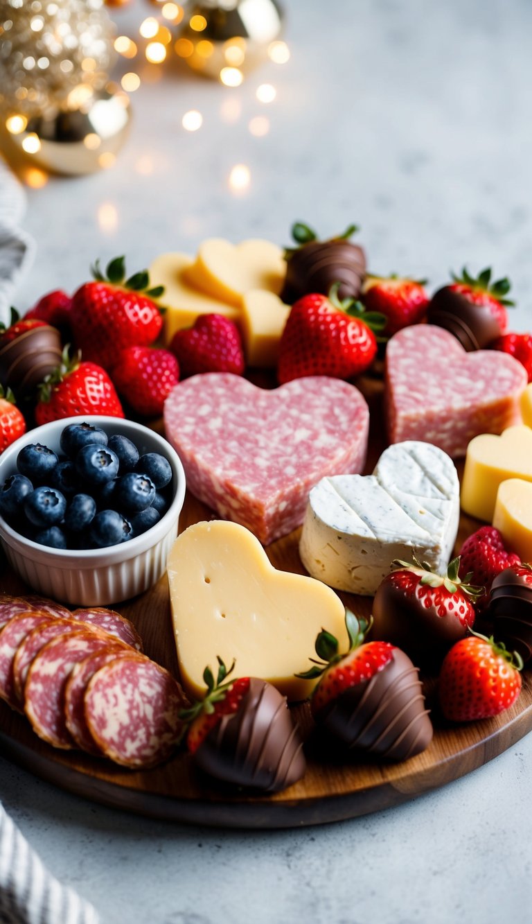 A festive charcuterie board adorned with heart-shaped cheeses, pink cured meats, fresh berries, and chocolate-covered strawberries