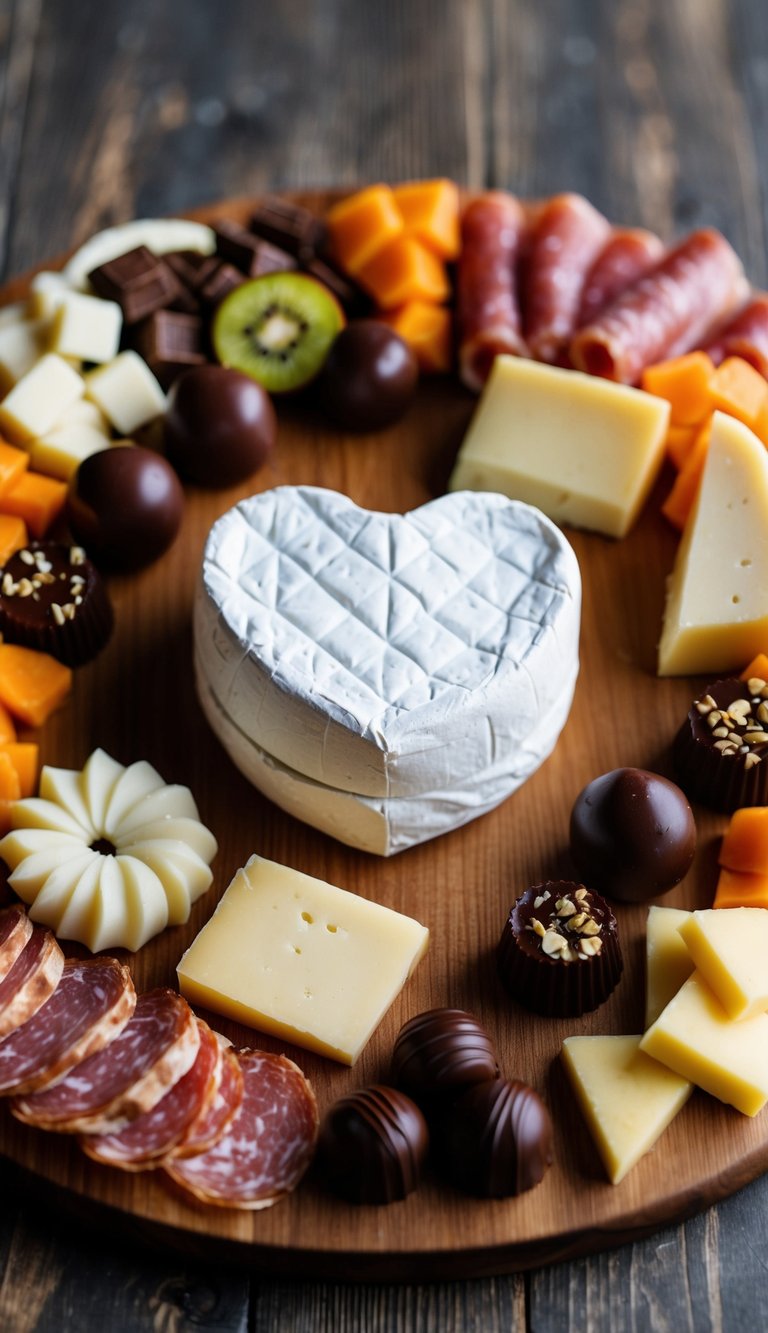 A heart-shaped brie surrounded by assorted meats, cheeses, fruits, and chocolates on a wooden charcuterie board