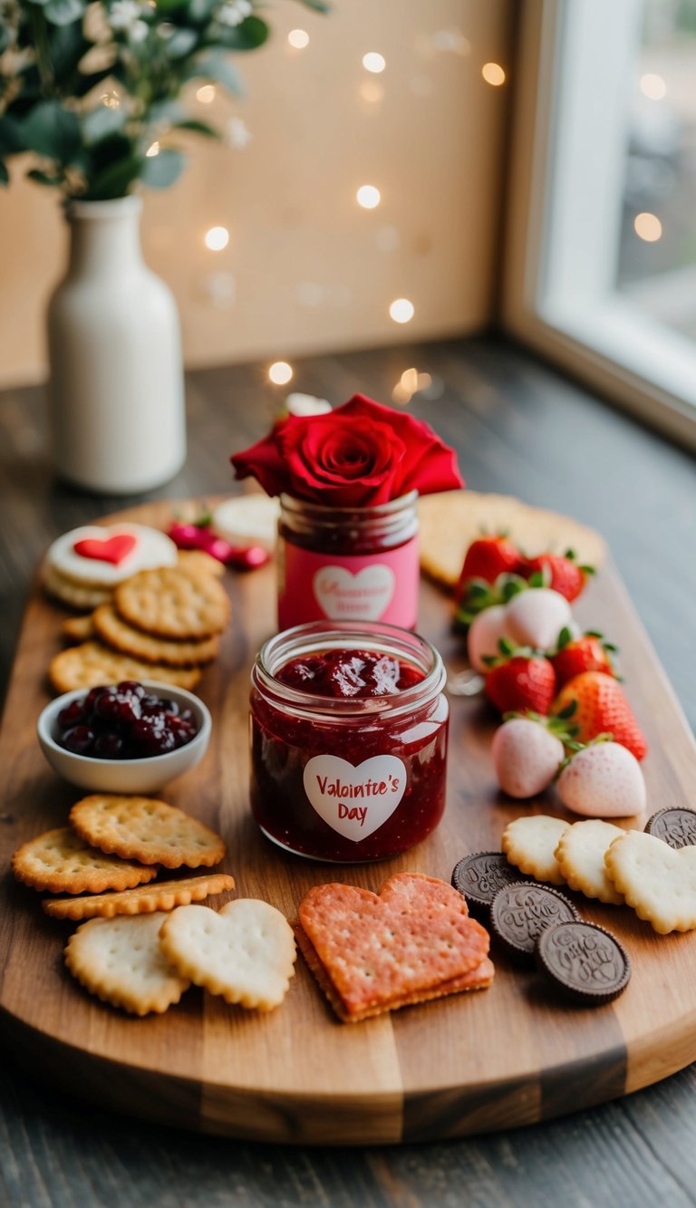 A wooden charcuterie board with a variety of Valentine's Day themed snacks including a jar of strawberry rose jam as the centerpiece