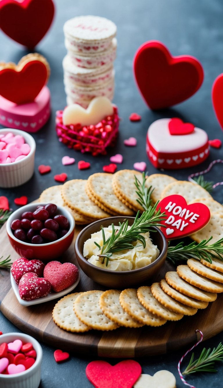 A charcuterie board with rosemary-infused crackers, surrounded by various Valentine's Day-themed treats and decorations