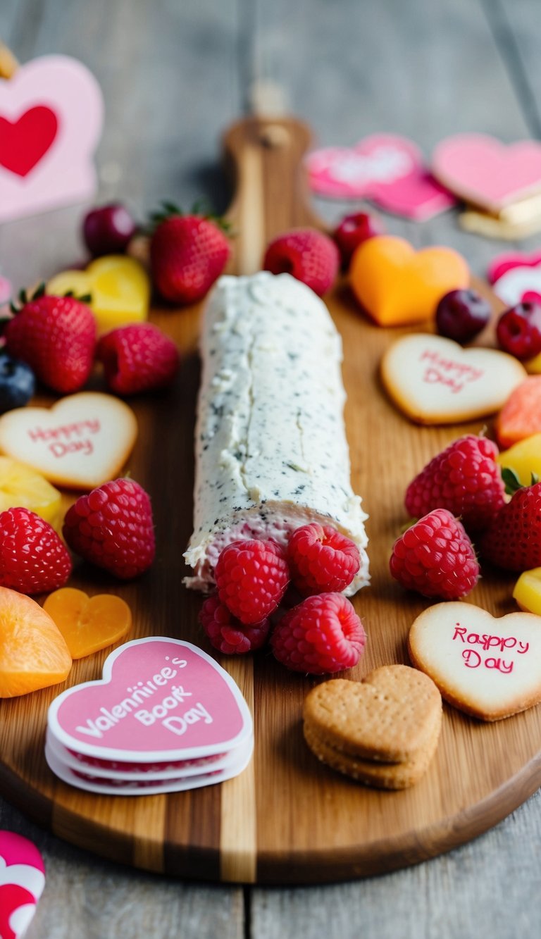 A wooden charcuterie board with a raspberry goat cheese log, surrounded by assorted Valentine's Day themed snacks and fruits