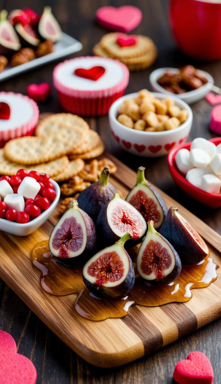 A wooden charcuterie board adorned with honey-drizzled figs, surrounded by various Valentine's Day themed snacks and treats