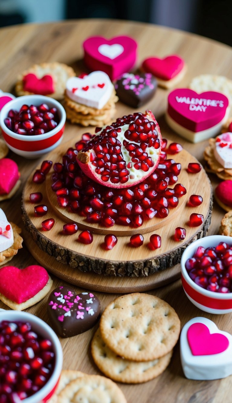 A wooden charcuterie board adorned with pomegranate seeds, surrounded by various Valentine's Day-themed snacks and treats