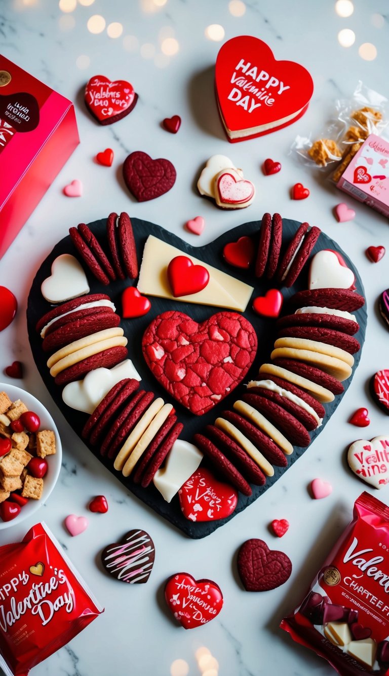 A heart-shaped charcuterie board with red velvet cookies, surrounded by various Valentine's Day themed snacks and treats