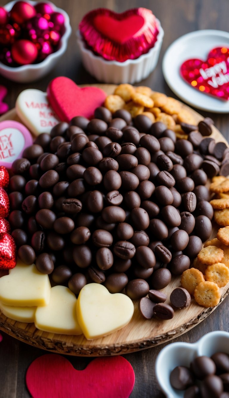 Dark chocolate-covered espresso beans arranged on a charcuterie board with assorted Valentine's Day themed treats and decorations