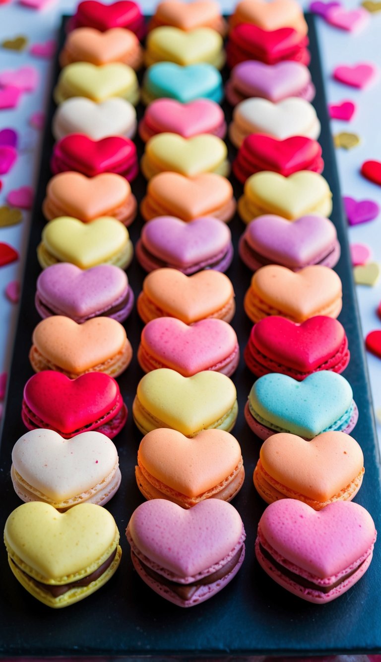 A colorful array of heart-shaped macarons arranged on a festive Valentine's Day charcuterie board