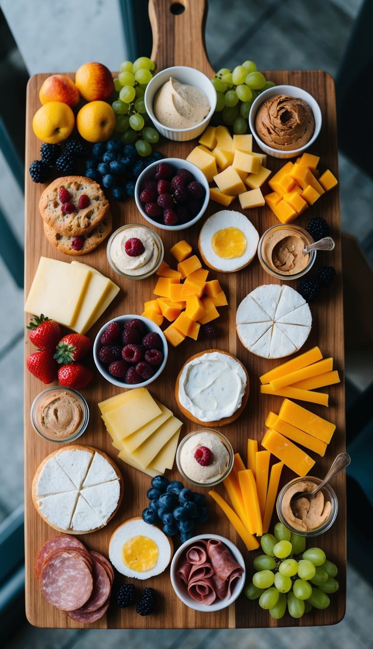 A wooden board filled with an assortment of breakfast foods such as sliced fruits, cheeses, meats, pastries, and spreads arranged in an appealing and artistic manner