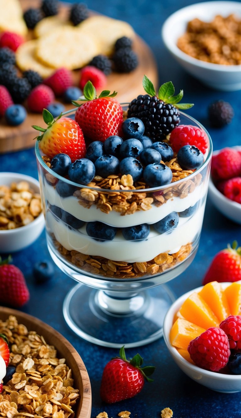 A colorful array of fresh berries, granola, and yogurt layered in a glass parfait dish, surrounded by other breakfast charcuterie board items