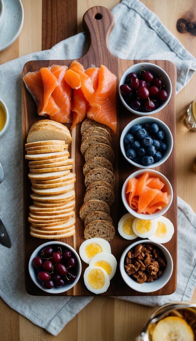 A wooden charcuterie board with 10 different breakfast options, including smoked salmon slices, arranged in an aesthetically pleasing manner