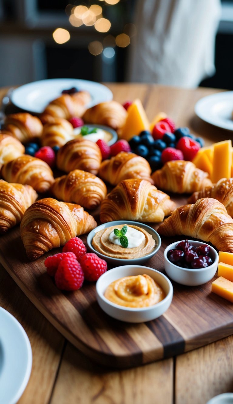 A wooden board with an assortment of mini croissants, fruits, cheeses, and spreads