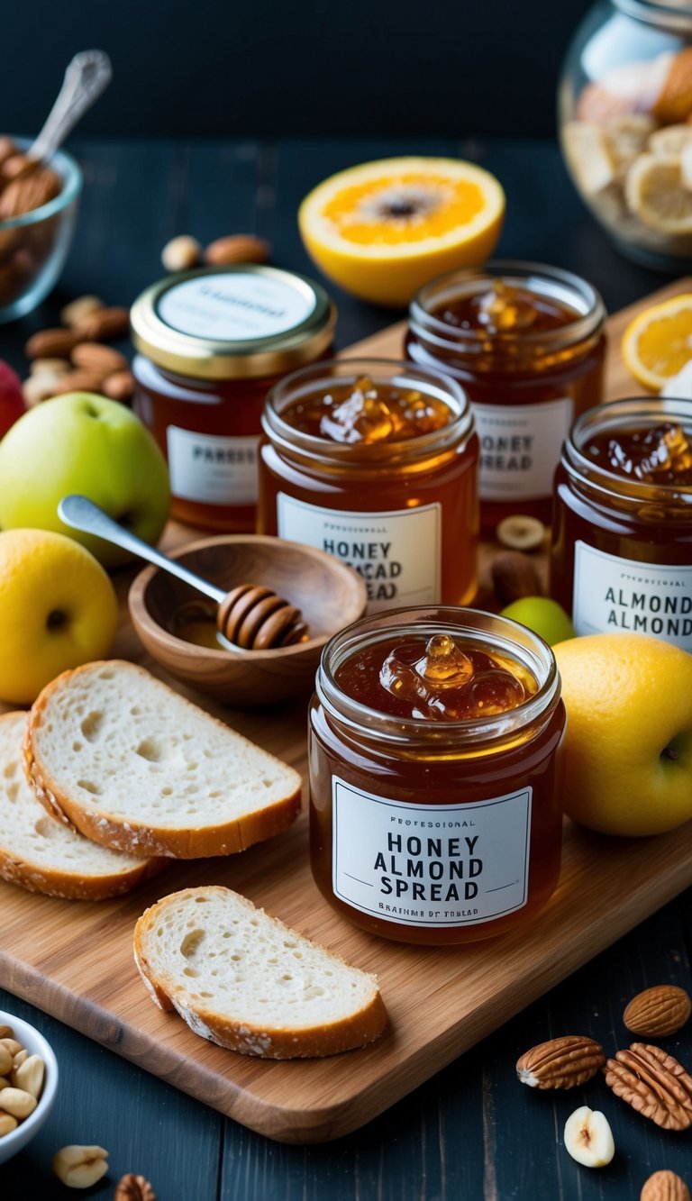 A wooden breakfast charcuterie board with various jars of honey almond spread, surrounded by fresh fruits, nuts, and bread slices