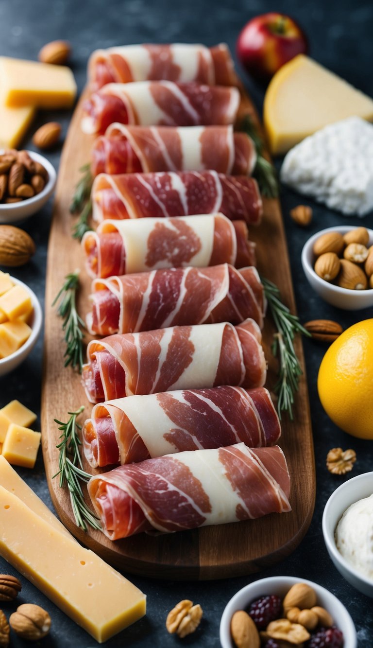 A wooden board displays ten prosciutto rolls, surrounded by an assortment of breakfast charcuterie ingredients like cheese, fruits, and nuts