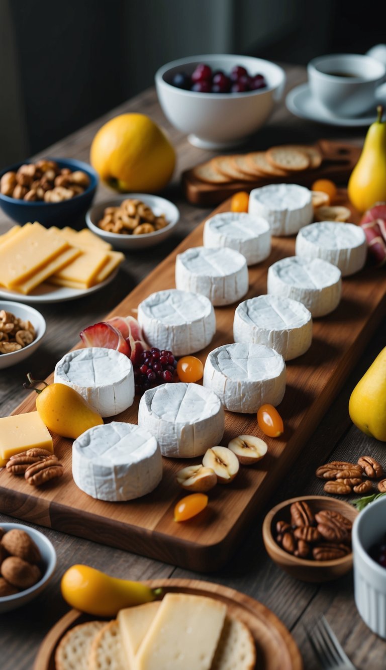 A wooden board with 10 brie cheese wheels, surrounded by assorted breakfast charcuterie items like fruits, nuts, and meats