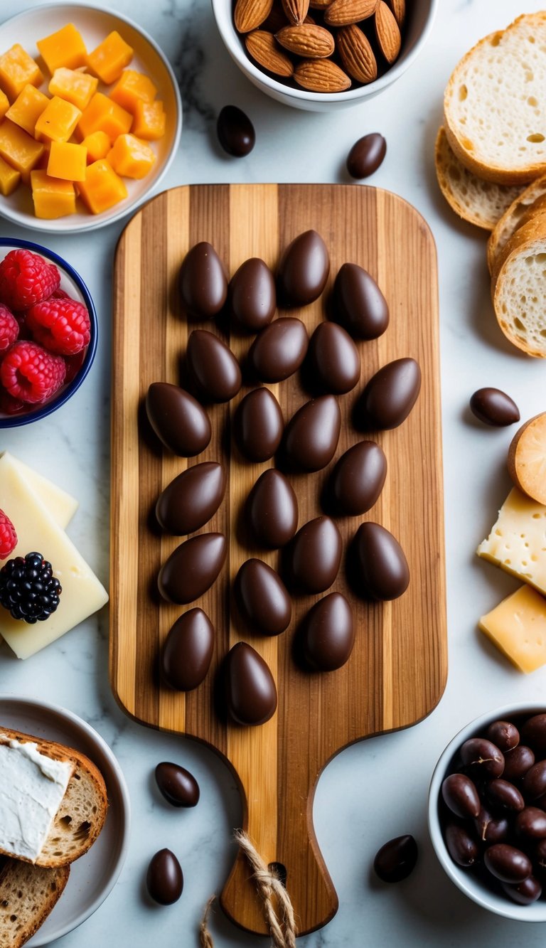 A wooden board with chocolate-covered almonds, surrounded by various breakfast charcuterie items such as fruits, cheeses, and breads