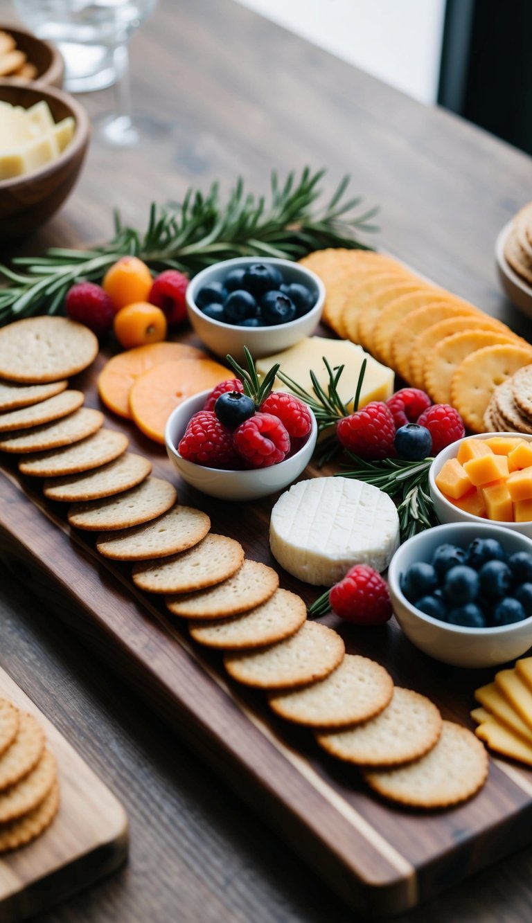 A wooden charcuterie board filled with rosemary crackers, cheese, fruit, and other breakfast items arranged in an attractive and appetizing display