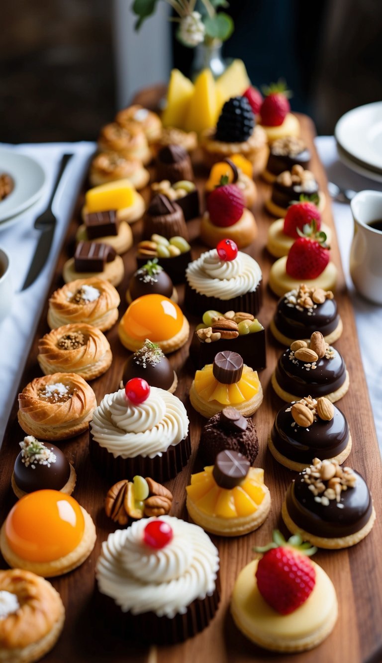A colorful array of desserts arranged on a wooden board, including a variety of pastries, chocolates, fruits, and nuts, with decorative garnishes and serving utensils