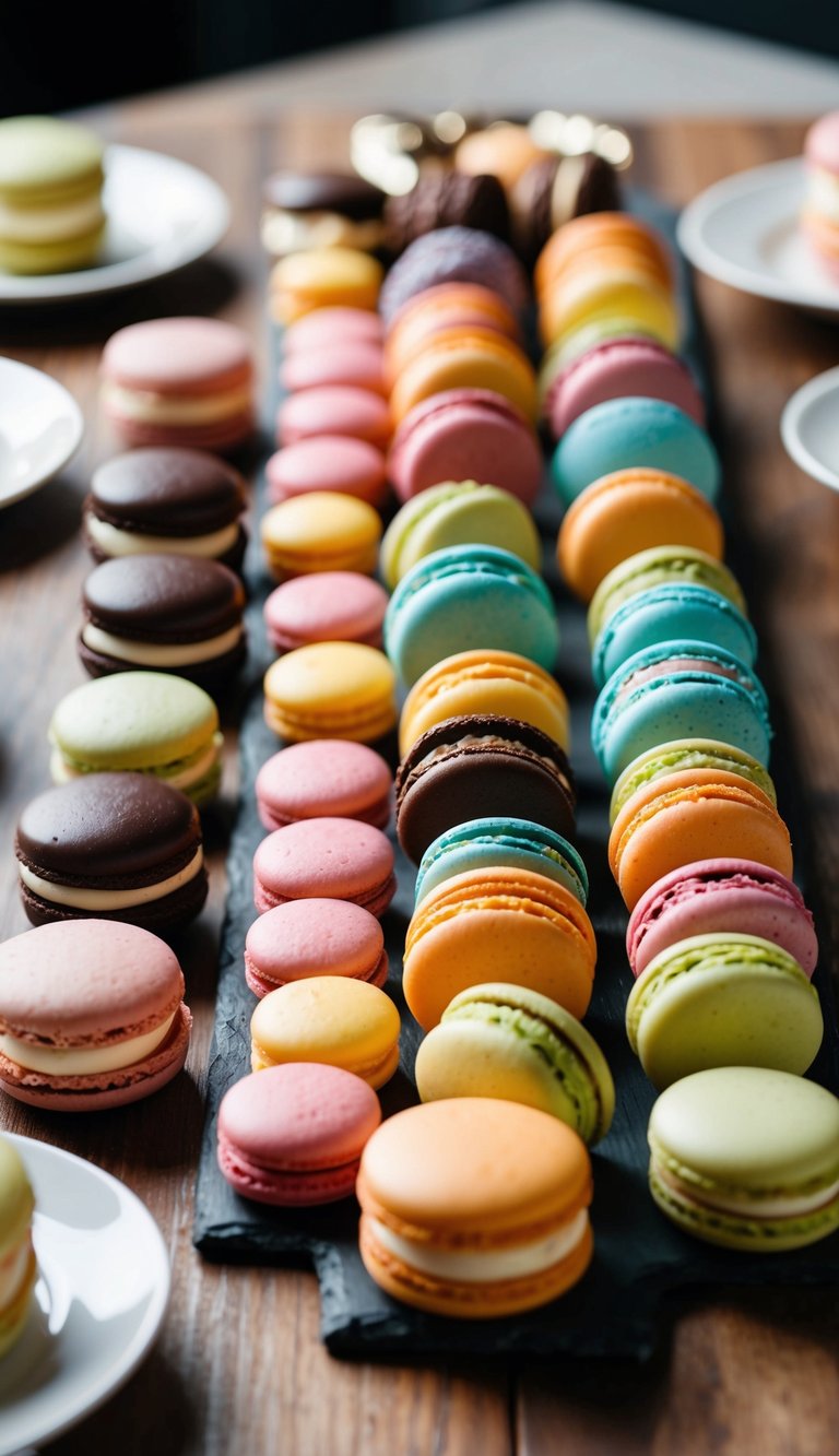 A charcuterie board displays an assortment of colorful macarons in various flavors, arranged alongside other dessert options