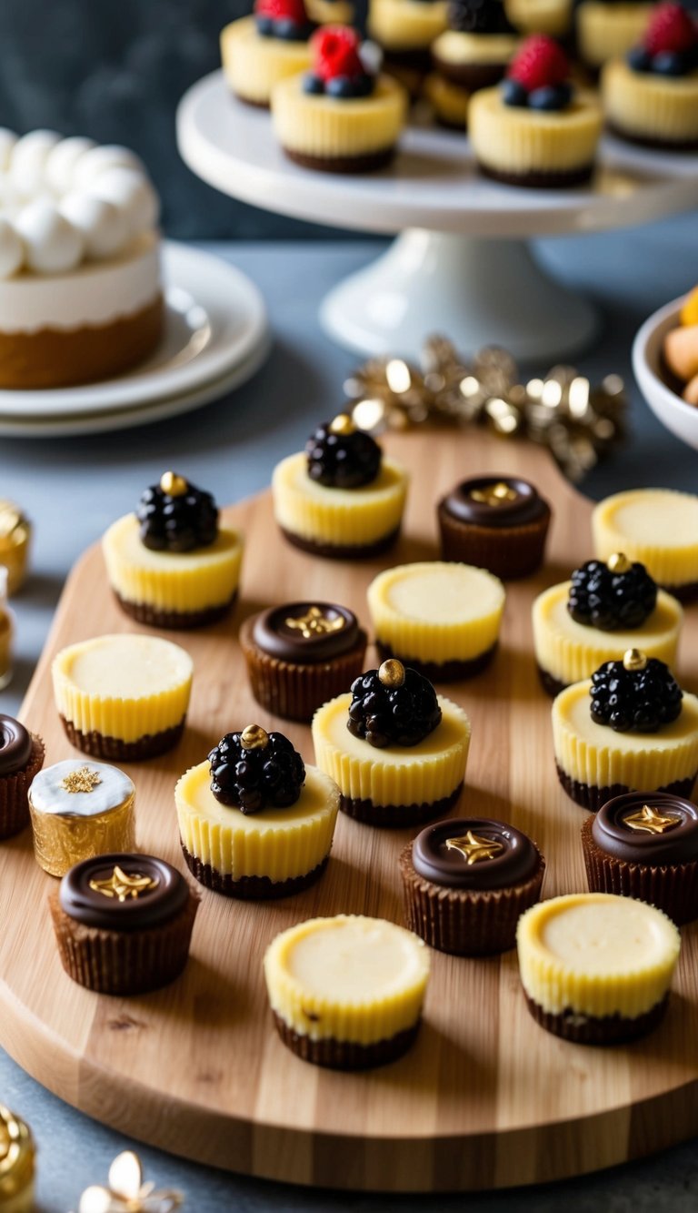 A wooden board filled with mini cheesecakes, surrounded by assorted dessert items and decorative accents