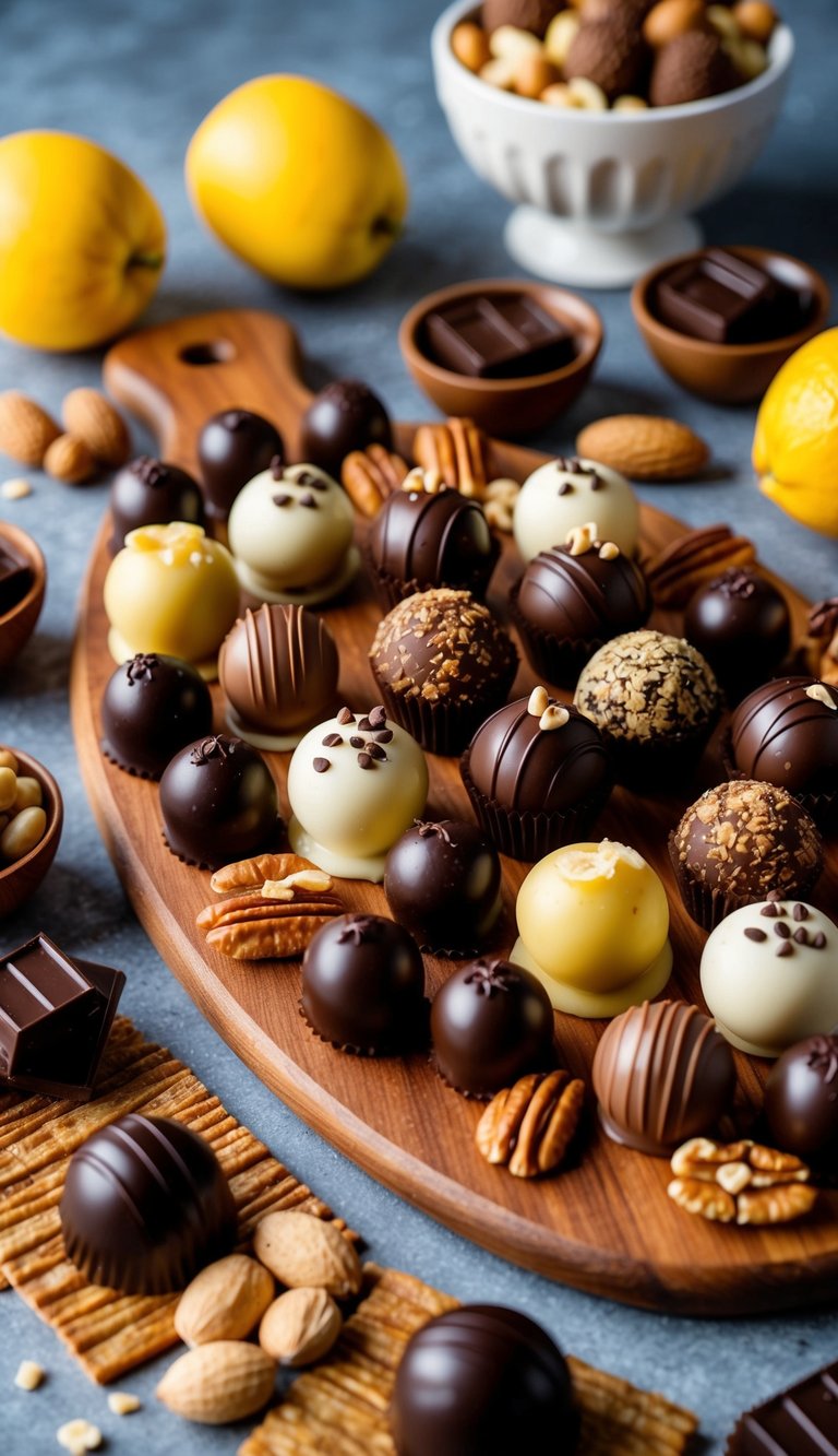 A variety of truffles arranged on a wooden dessert charcuterie board, surrounded by nuts, fruits, and chocolates