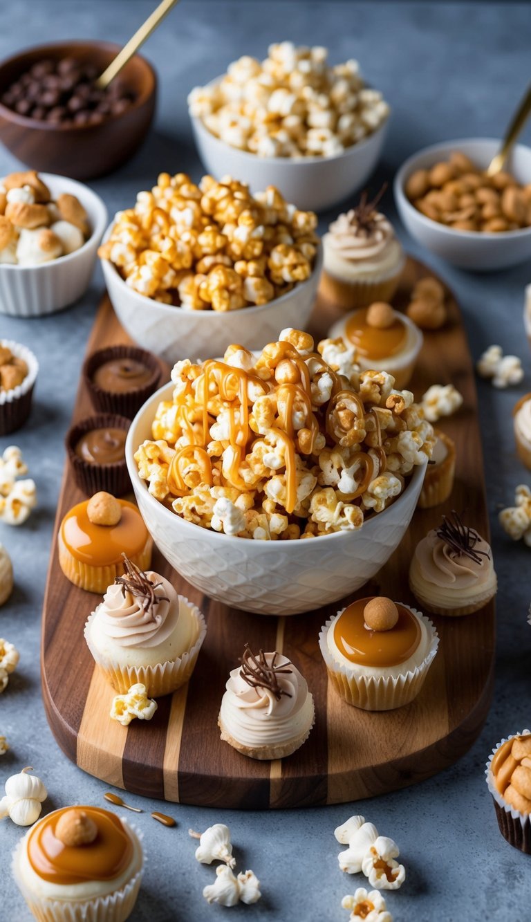 A wooden board with an assortment of caramel drizzled popcorn, surrounded by various dessert items and garnishes