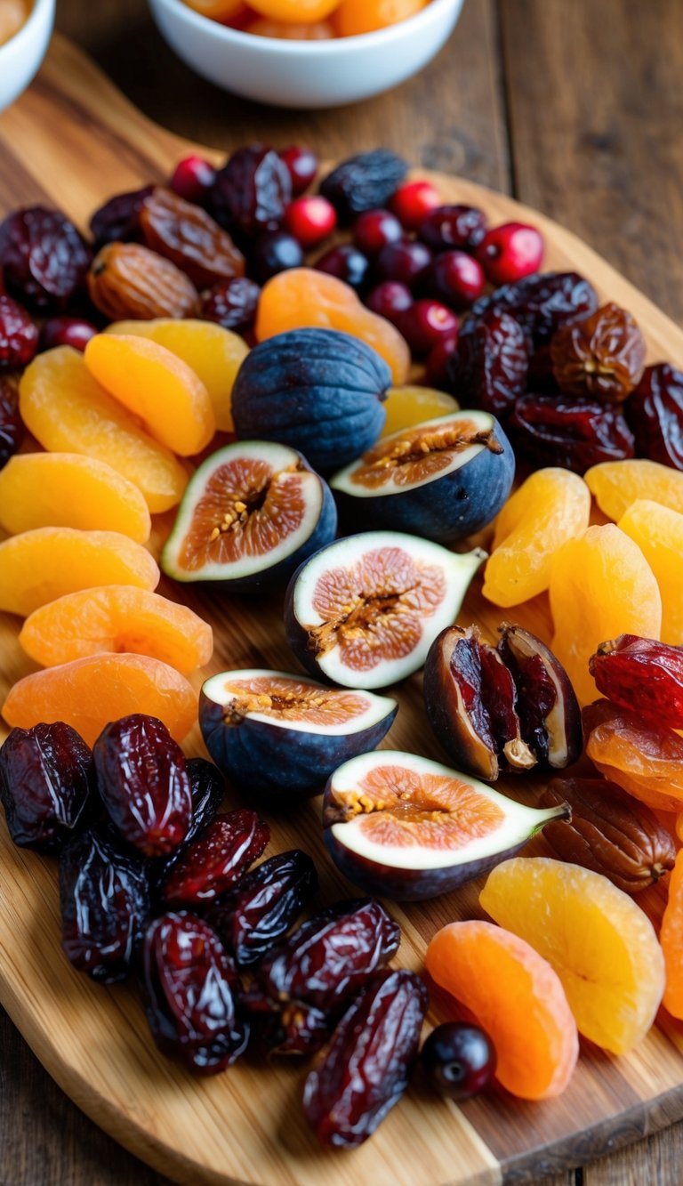 A wooden charcuterie board filled with an assortment of colorful dried fruits, including apricots, figs, dates, and cranberries, arranged in an artistic and appealing display