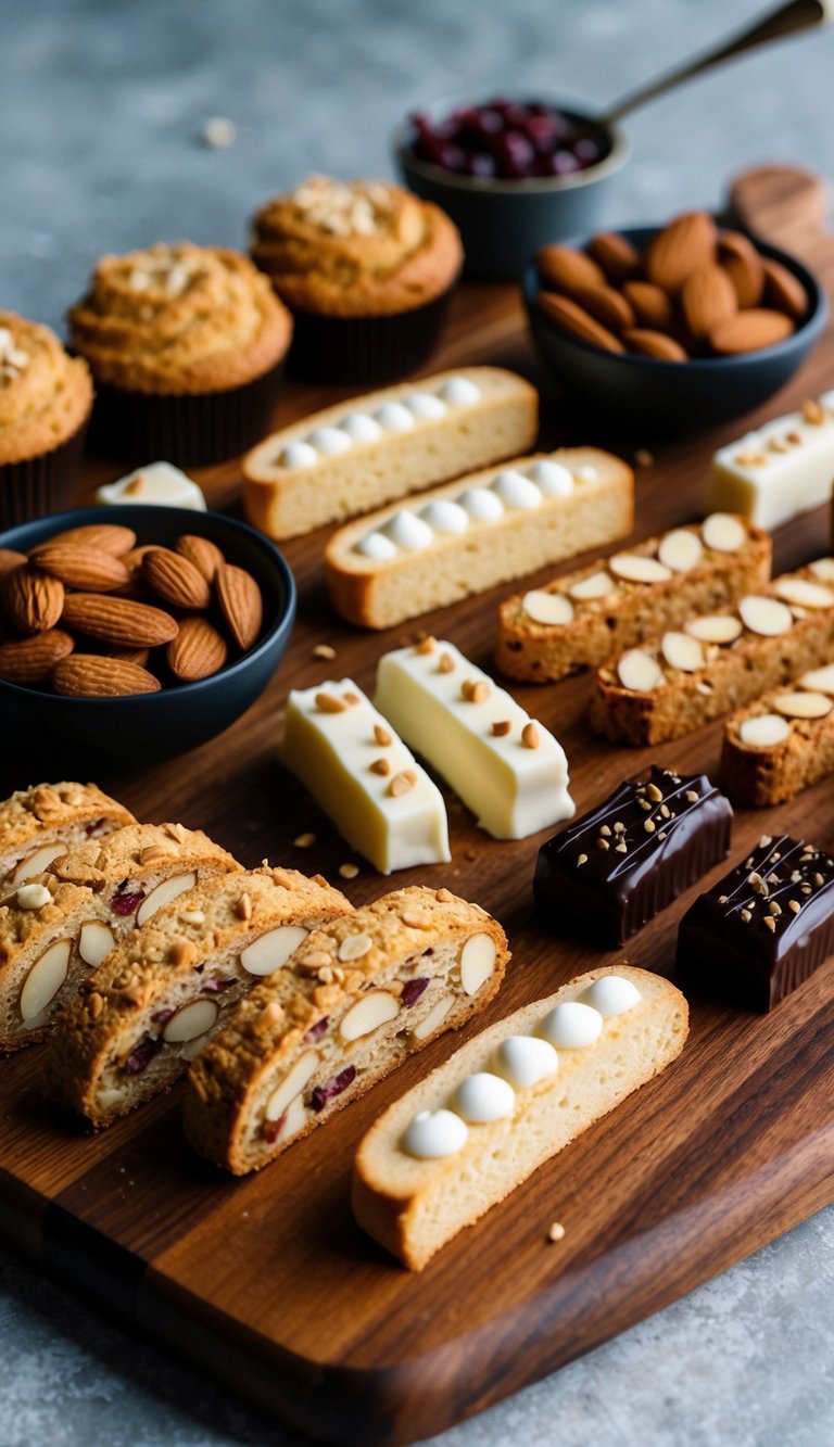 A wooden charcuterie board filled with various types of almond biscotti and other dessert items arranged in an aesthetically pleasing manner