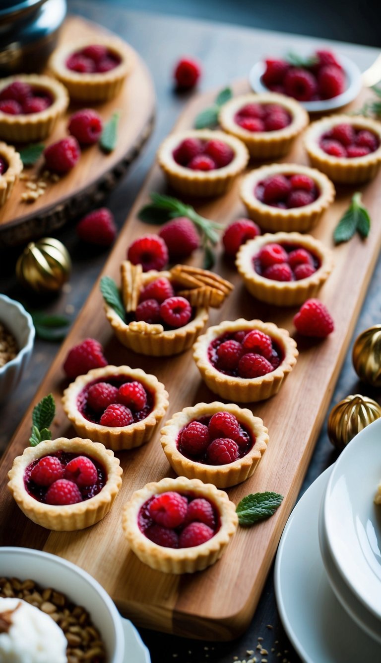 A wooden board filled with raspberry tartlets, surrounded by various dessert items and garnishes