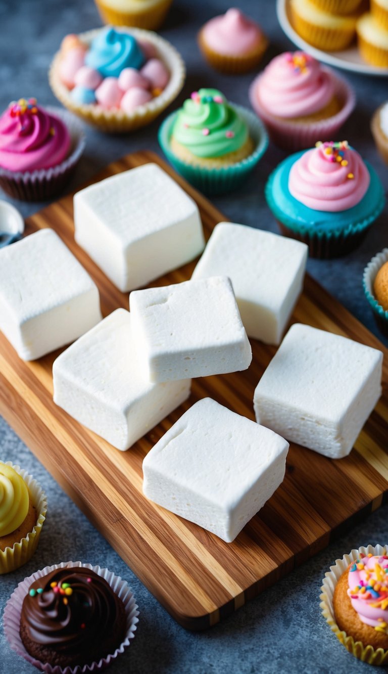 A wooden board adorned with marshmallow squares, surrounded by an assortment of colorful desserts and sweet treats