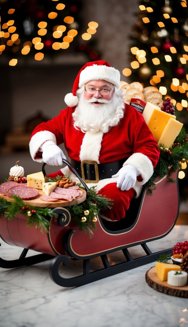 A jolly Santa salami rides a sleigh laden with festive charcuterie boards, each adorned with holiday-themed meats, cheeses, and garnishes