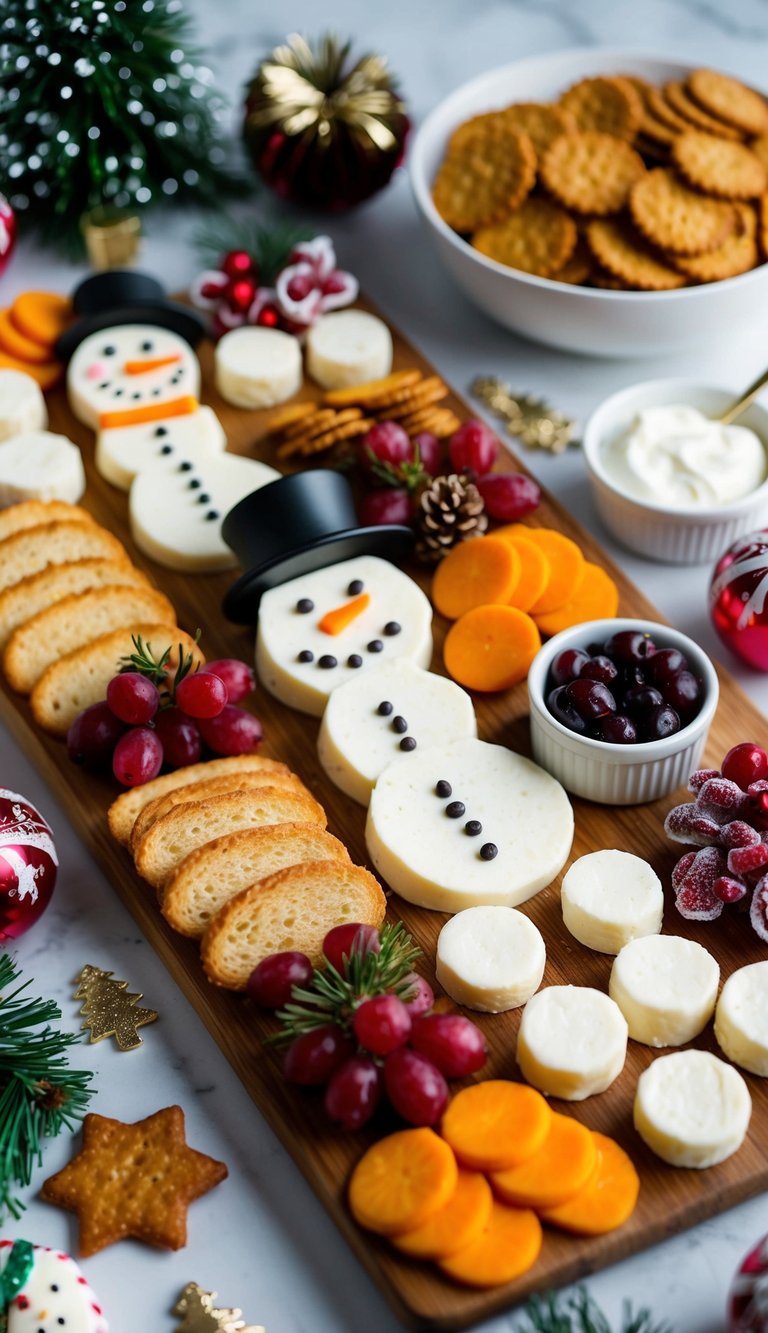A festive charcuterie board with snowman-shaped mozzarella sticks, surrounded by Christmas-themed snacks and decorations