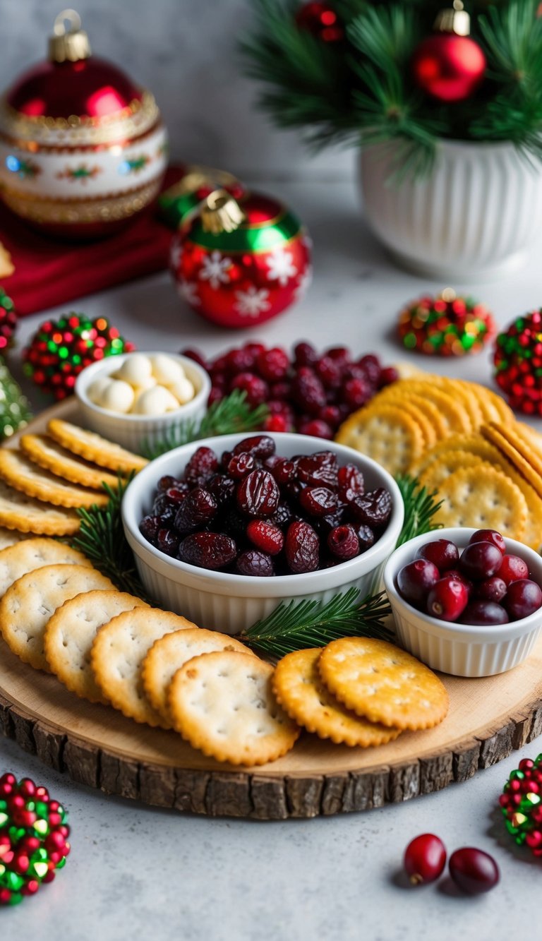 A festive charcuterie board with cranberry almond crackers, surrounded by holiday-themed decorations and other delicious snacks