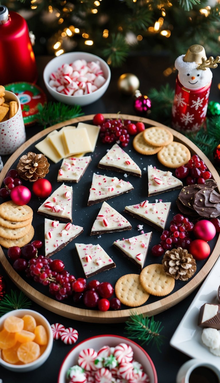 A festive charcuterie board with peppermint chocolate bark, surrounded by various Christmas-themed snacks and treats