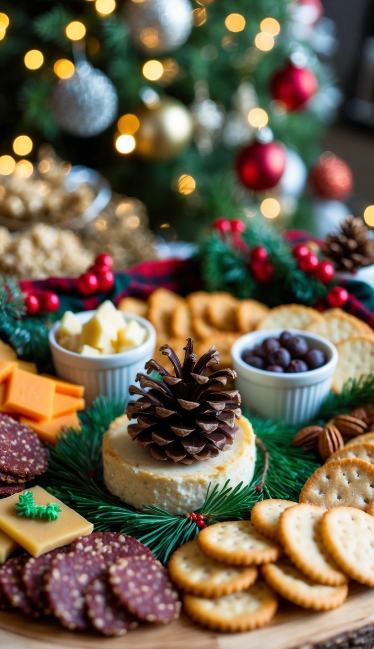 A festive charcuterie board with a mini pine cone cheese log surrounded by various holiday-themed snacks and decorations