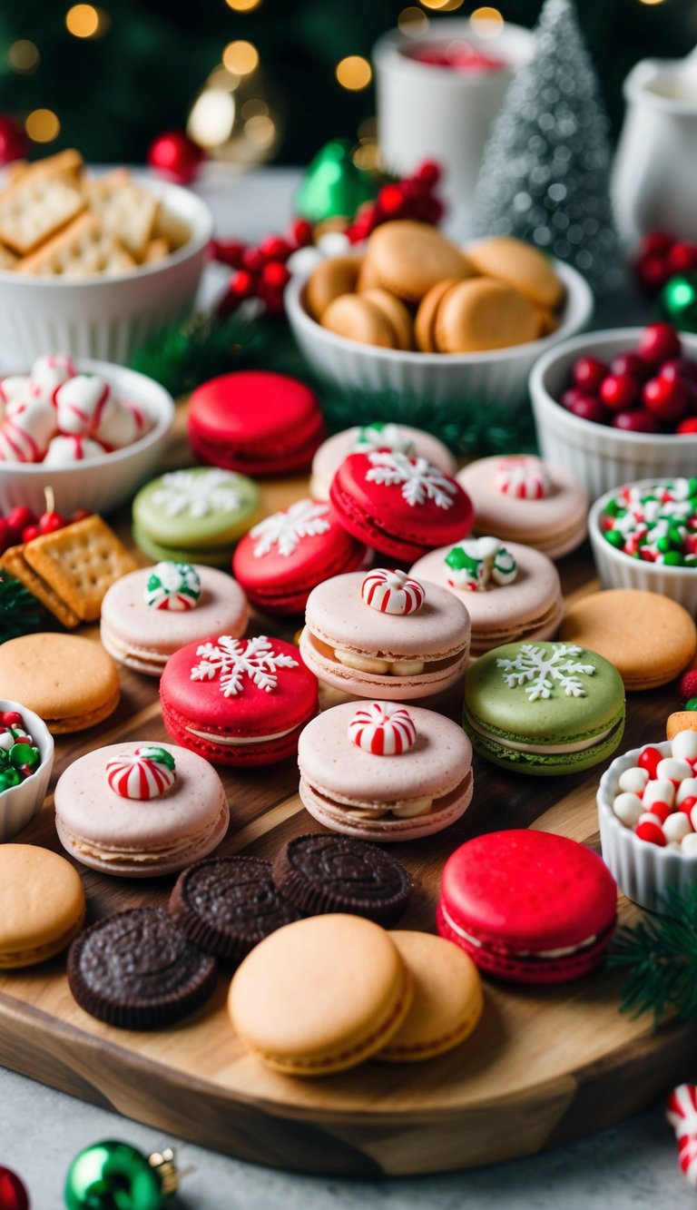 A festive charcuterie board with candy cane macarons, surrounded by various Christmas-themed snacks and treats