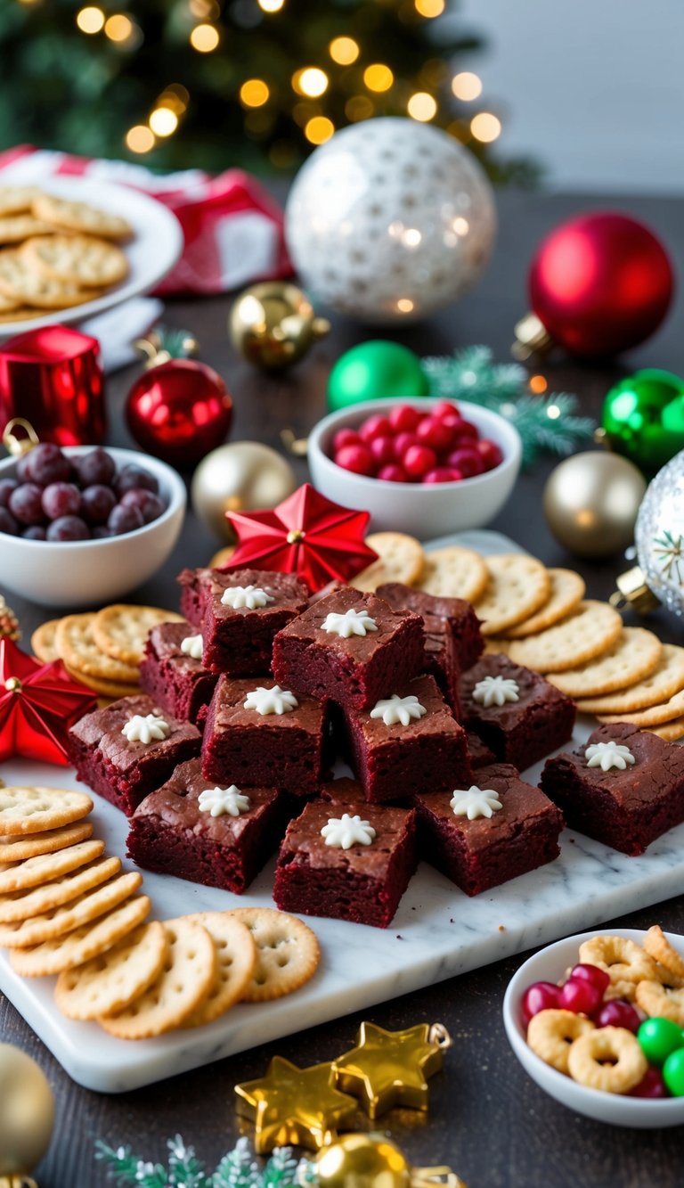 A festive charcuterie board with red velvet brownies, surrounded by holiday-themed snacks and decorations