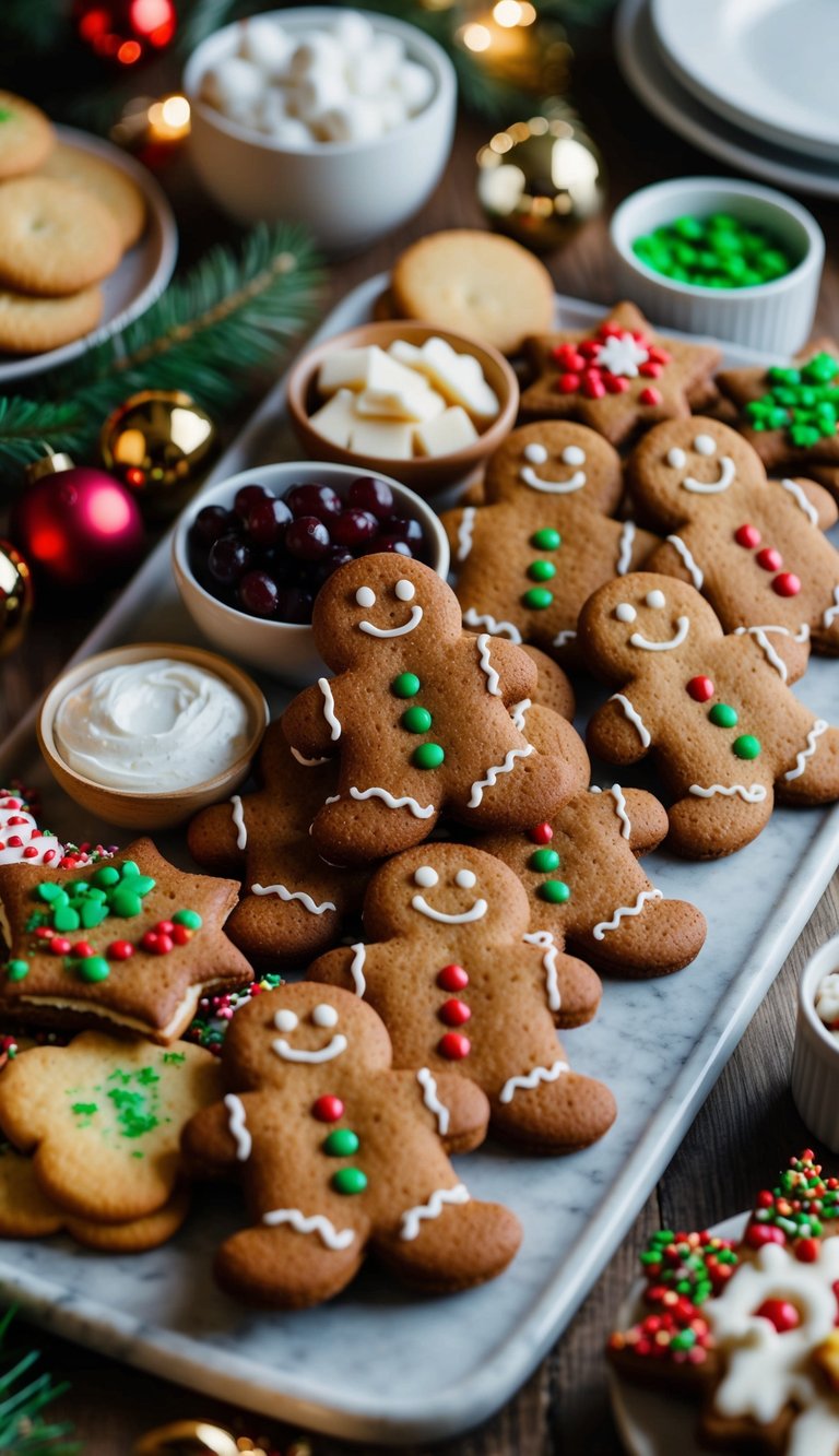 A festive charcuterie board adorned with gingerbread men cookies, surrounded by an assortment of holiday treats and decorations