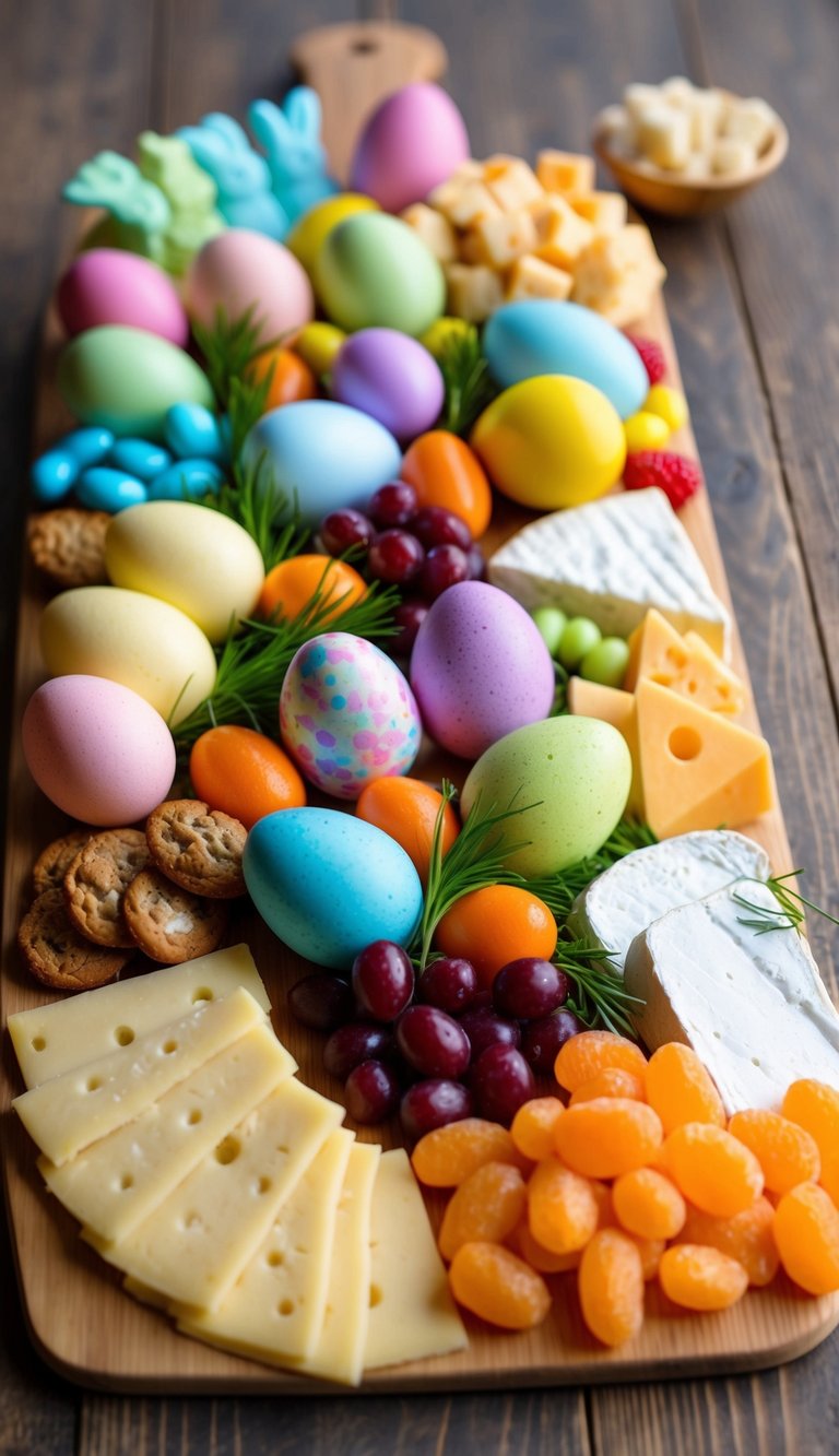 A colorful array of Easter-themed charcuterie items arranged on a wooden board, including pastel-colored candies, dyed eggs, fresh fruits, and assorted cheeses