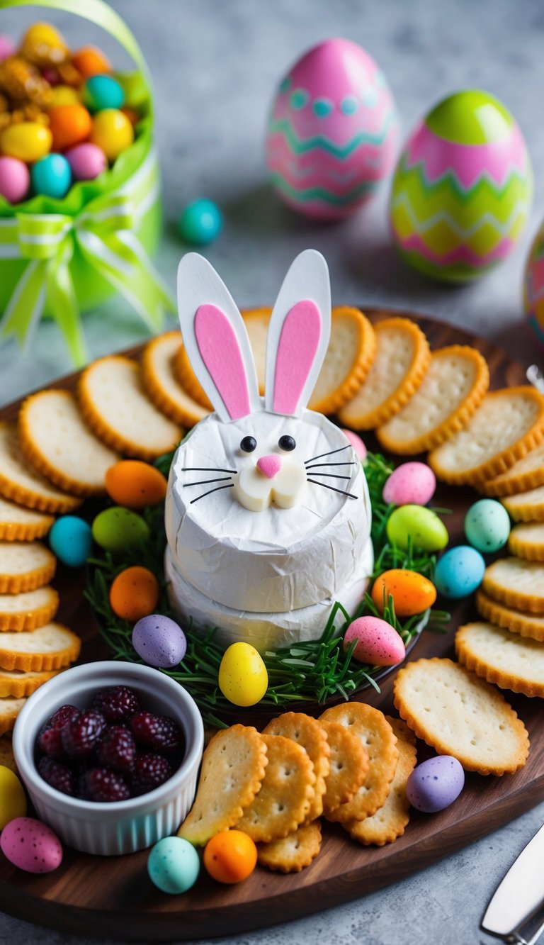 A festive charcuterie board featuring a bunny-shaped Brie surrounded by colorful Easter-themed snacks and decorations