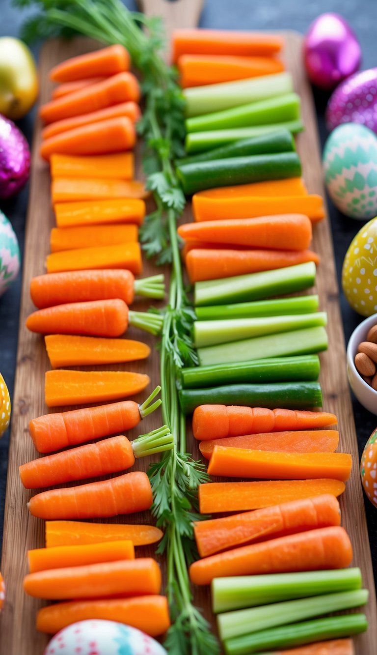 A colorful array of carrot-shaped veggie sticks arranged on a festive Easter-themed charcuterie board