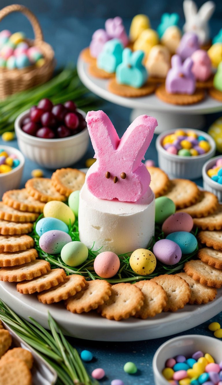 A festive Easter charcuterie board featuring a Peeps marshmallow centerpiece surrounded by an assortment of colorful and tasty treats