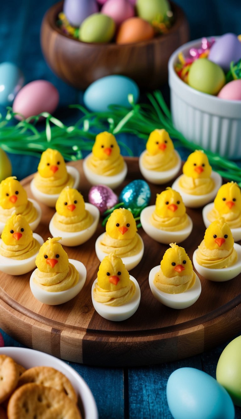 A wooden charcuterie board adorned with deviled egg chicks, surrounded by colorful Easter-themed snacks and decorations